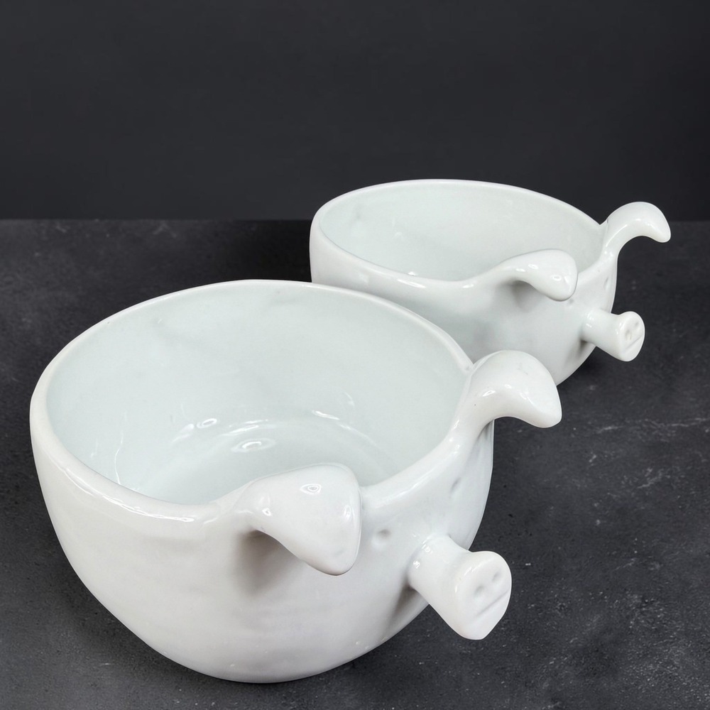 White‎ Ceramic Pig Bowls Set of 2 Whimsical Farmhouse Animal Soup Cereal 6x3in